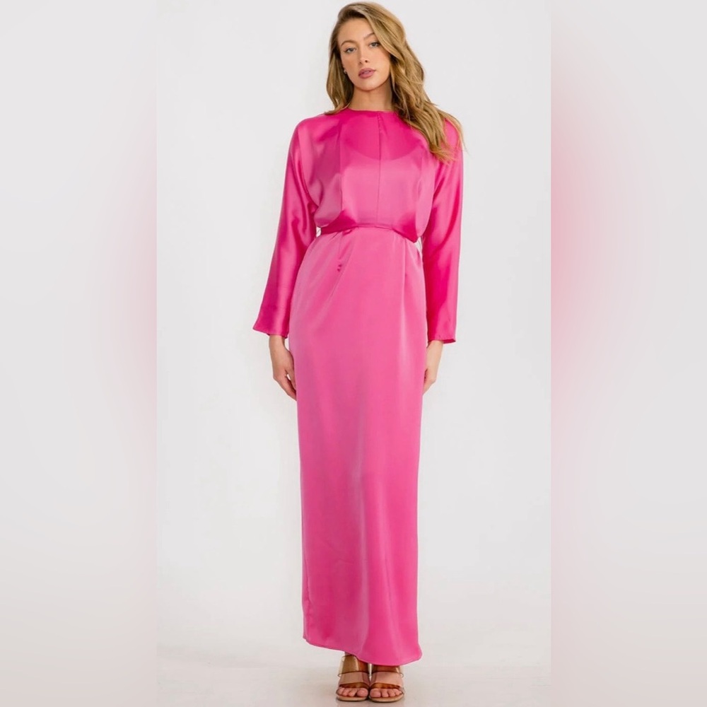 Hot Pink Satin Maxi Dress Long Sleeve Tie Waist Formal Gown Glam Wedding Guest